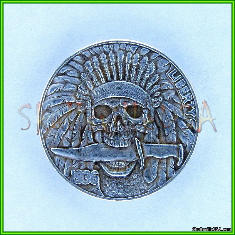 1936 hobo buffalo nickel - 3 legged skeleton buffalo and indian with knife